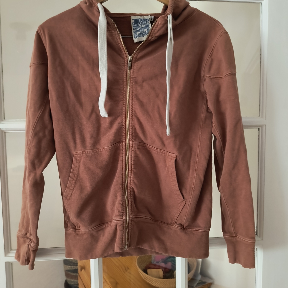 Brown Zip-Up Hoodie with White Drawstrings